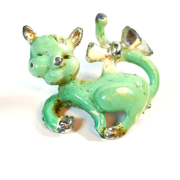 Unbranded Jewelry - Vintage Green Enamel Cat Silver Tone Brooch Pin 1 Inch Tall